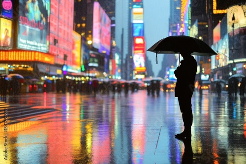 Businessman holding umbrella in rainy times square at night