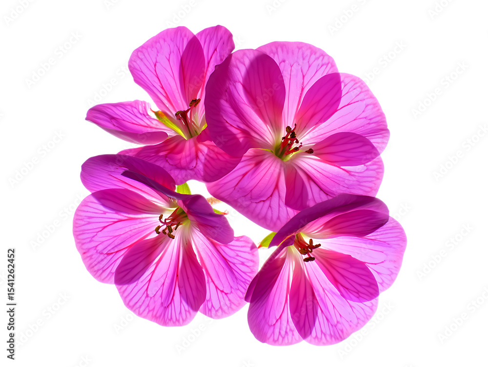 Fototapeta premium Four pink geranium flowers cluster isolated on transparent background