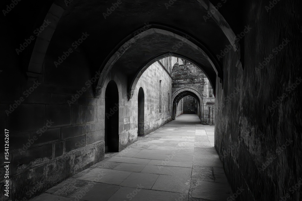 Fototapeta premium Explore the beauty of an empty archway corridor in a historic location during the quiet hours, Empty archway