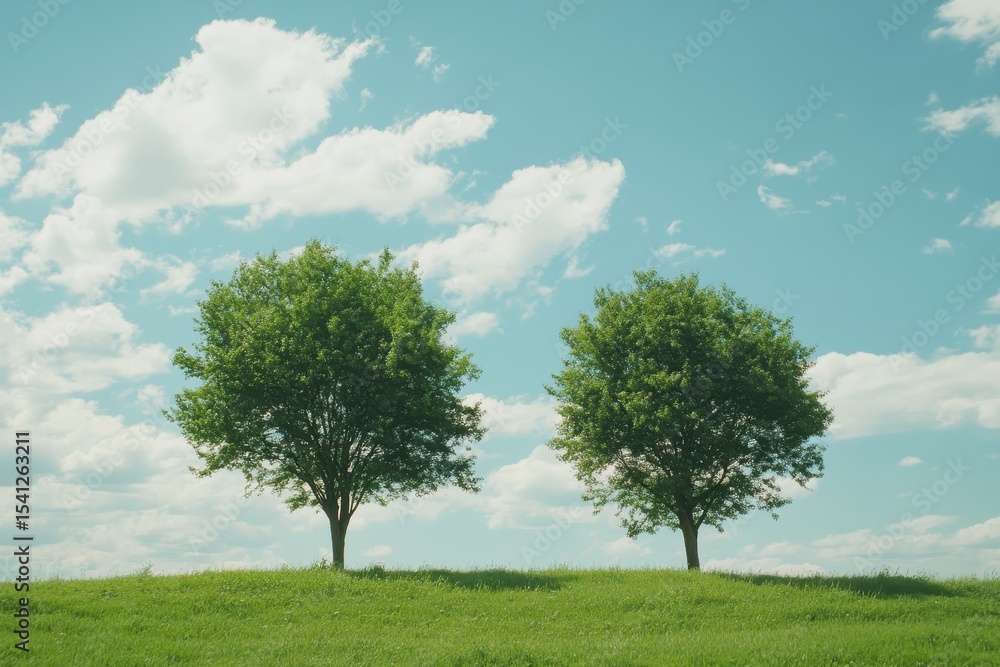 Obraz premium Two lush green trees stand on a grassy hill under a clear blue sky with fluffy clouds, Camera from right to left, under blue sky, two big green trees on green field