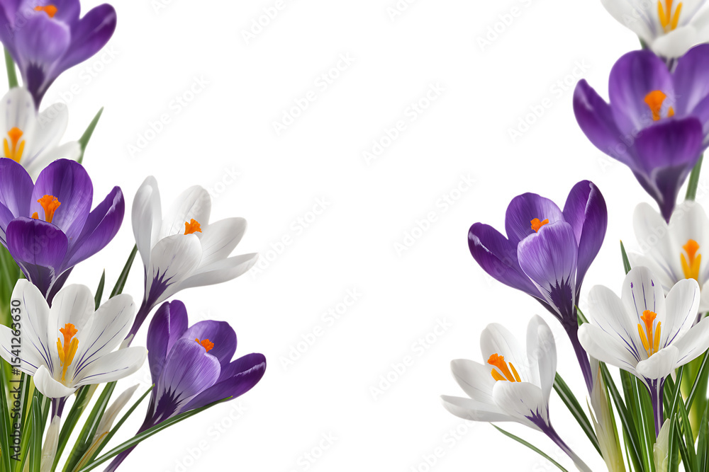 Naklejka premium Spring crocus flowers border isolated on transparent background