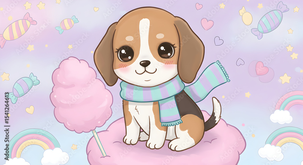 Fototapeta premium Cute Cartoon Beagle Puppy Wearing a Scarf with Candy, Rainbows and Hearts