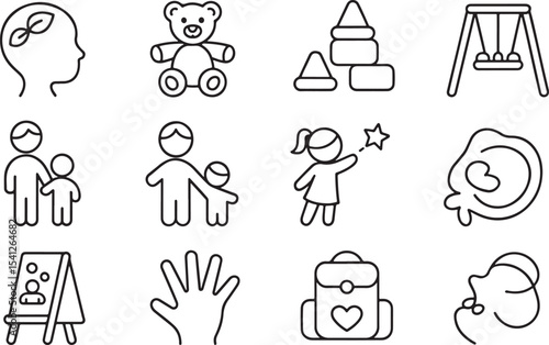 Engaging collection of childhood and early education line icons for play, development, and family concepts