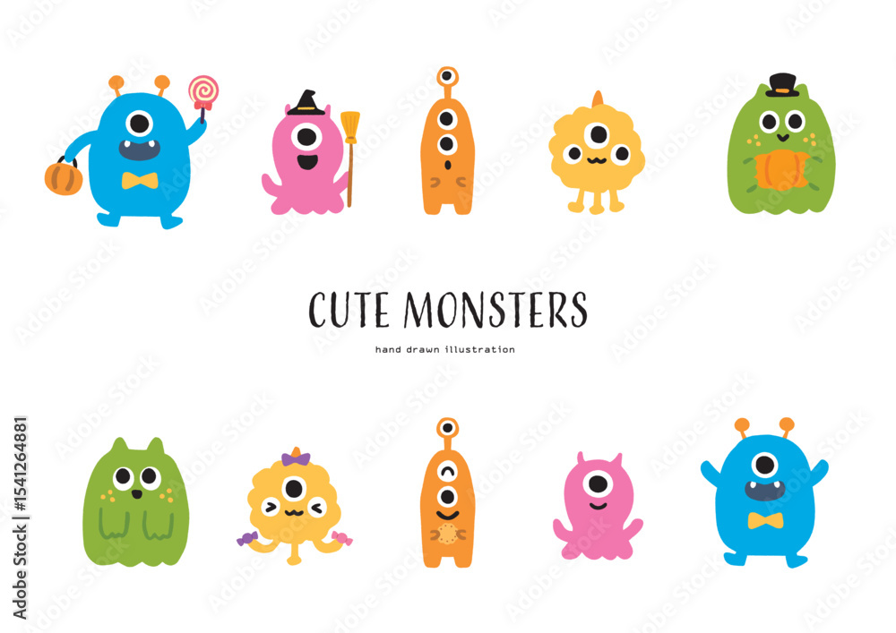 ハロウィンのかわいいモンスターたちのイラストセット ハロウィンのかわいいモンスターたちのイラストセット