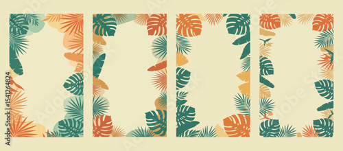 Refreshing tropical leaf illustrations in various green and orange tones, creating lively vertical borders. Ideal for summer ads, vibrant invitations, or lively backgrounds