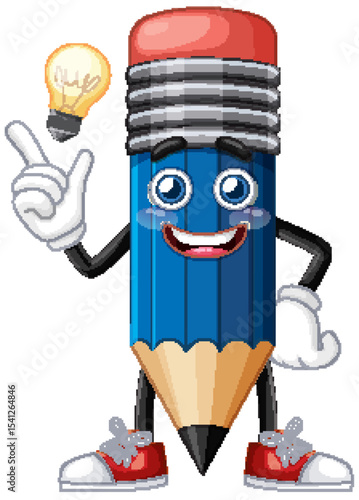 Cheerful Pencil Character with Idea