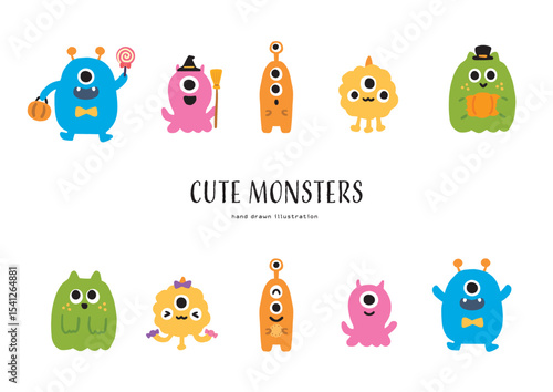 ハロウィンのかわいいモンスターたちのイラストセット