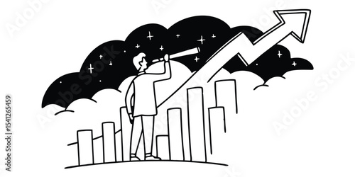 Man with telescope looking at upward arrow on graph with clouds and stars in the background scene