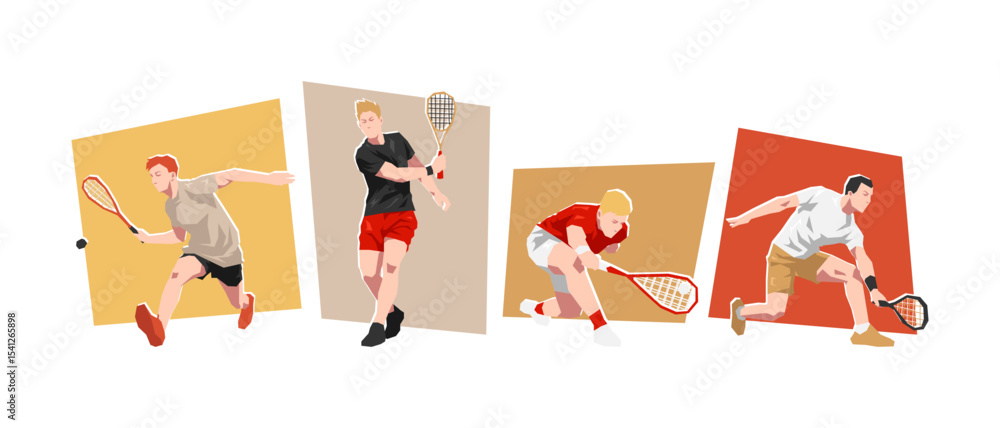 Fototapeta premium Set of male squash player. Dynamic pose. Cartoon flat vector illustration.