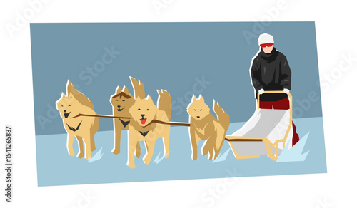 Sled dog racing. Winter sport. Cartoon flat vector illustration.