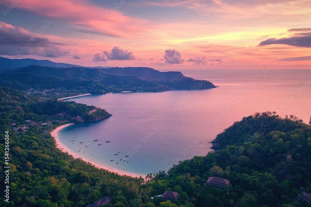 Fototapeta premium Stunning aerial view of Phuket island sunset illuminating the bay and lush greenery, Thailand tourist boat at sunset Phuket island coast aerial landscape