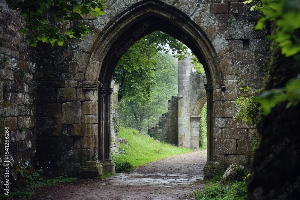 Fototapeta premium Stone archway gateway leading to a mystical castle background with lush greenery and tranquil sea view, Stone Archway Gateway in castle Photo background Seamless time lapse quality