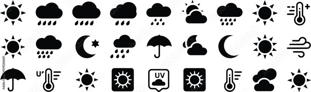 Weather Icons Set in Black Silhouettes for Meteorology and Weather Symbols Weather Icons Set in Black Silhouettes for Meteorology and Weather Symbols