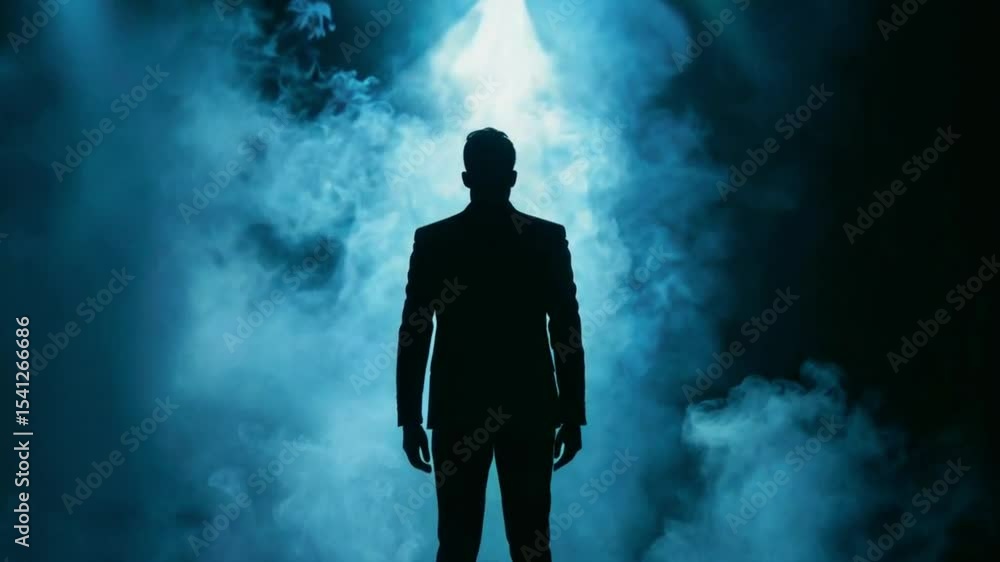 Silhouette of a man in a suit standing against a backdrop of blue smoke and bright spotlight glow Silhouette of a man in a suit standing against a backdrop of blue smoke and bright spotlight glow