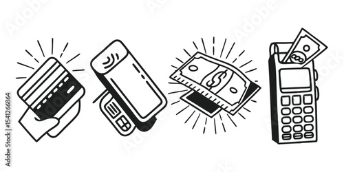 Illustrative depiction of various payment methods including card reader and cash transactions shown