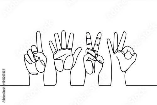 Continuous line drawing of hands showing numbers and gestures