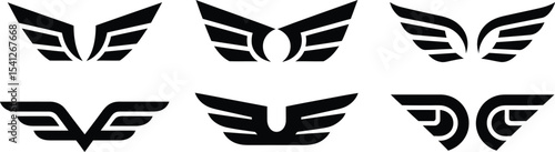 Wing Symbols Set in Black Silhouettes for Travel and Airline Brand Identity