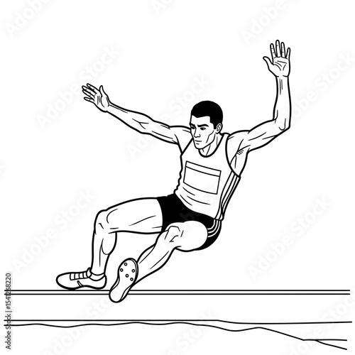 male athlete landing in a long jump, focused mood, track and field sport, copy space