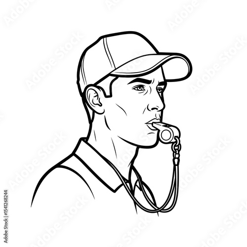 male coach blowing a whistle, focused mood, sports leadership