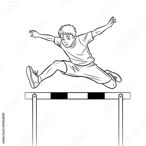 young boy jumping over a hurdle, energetic mood, track and field sport