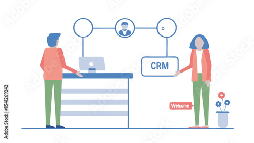 Illustration of a crm system with people at a front desk and welcome sign and flower pot near by