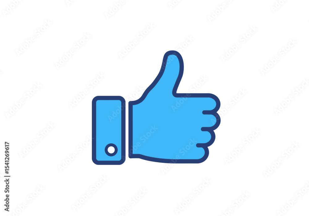 A blue thumbs up with a dark blue outline and a button on the thumb is shown on a white background A blue thumbs up with a dark blue outline and a button on the thumb is shown on a white background
