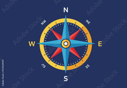 A compass rose with cardinal directions N S E W and intercardinal points NE NW SE SW