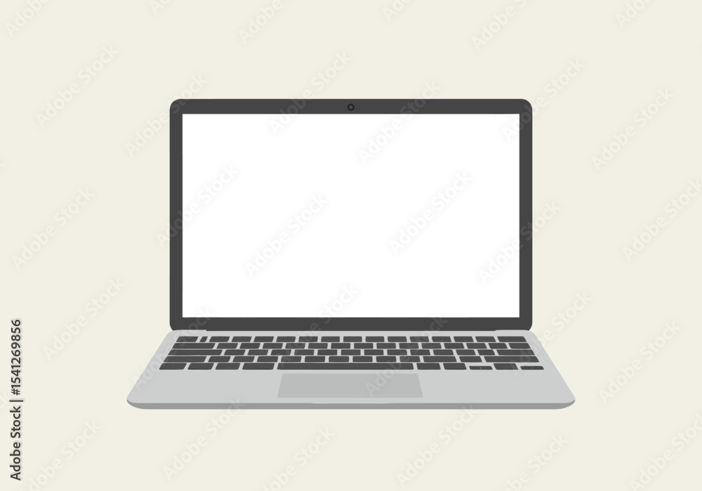 A gray laptop is displayed centrally with a blank white screen gray keys a flat lightbeige background A gray laptop is displayed centrally with a blank white screen gray keys a flat lightbeige background