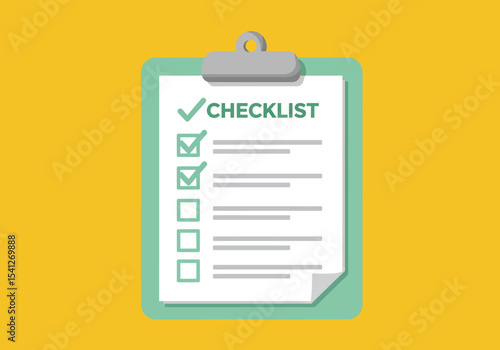 A green clipboard holds a checklist with several items already ticked off and a few left to do on a yellow background