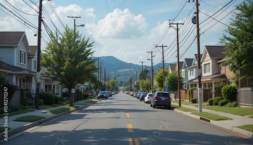 Peaceful Suburban Street Background with Houses, Trees, and Clear Blue Sky