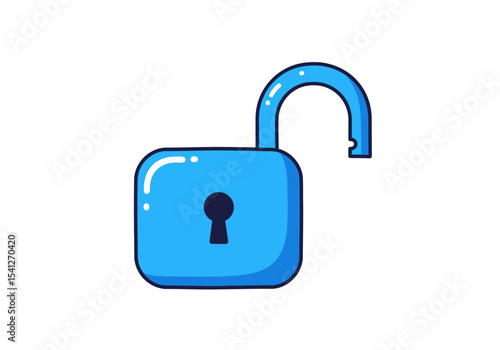 Blue cartoon padlock is open shackle arched Keyhole visible Thick dark outline and light highlights