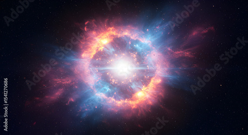 A radiant circular cosmic explosion shines brightly amidst a backdrop of stars