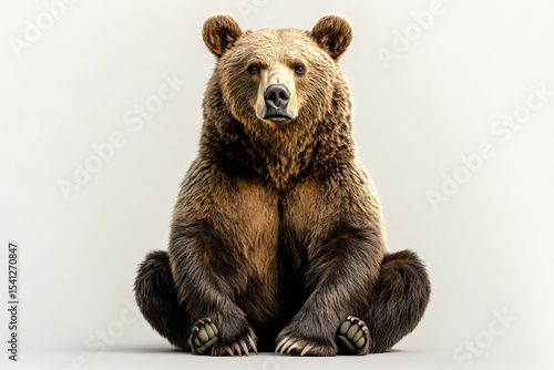 A majestic grizzly bear sits calmly against a soft white background for creative use