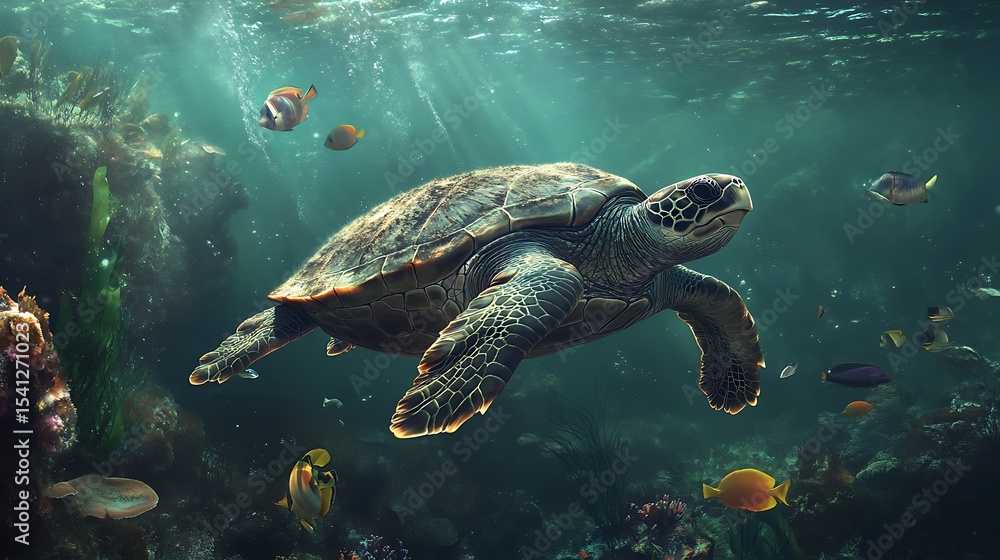 Fototapeta premium Turtles drifting gently past natural coastal rocks high resolution picture