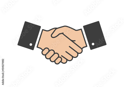 Two hands in a handshake gesture with dark gray suit sleeves  white cuff links on a white background