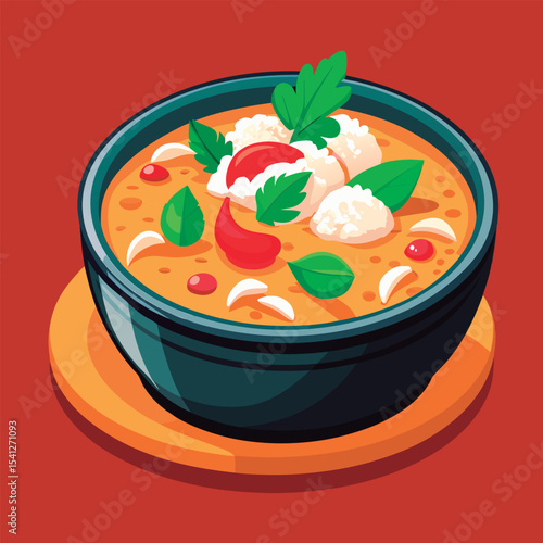 Colorful Thai soup in a bowl.