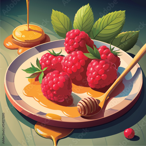 Fresh raspberries drizzled with honey.