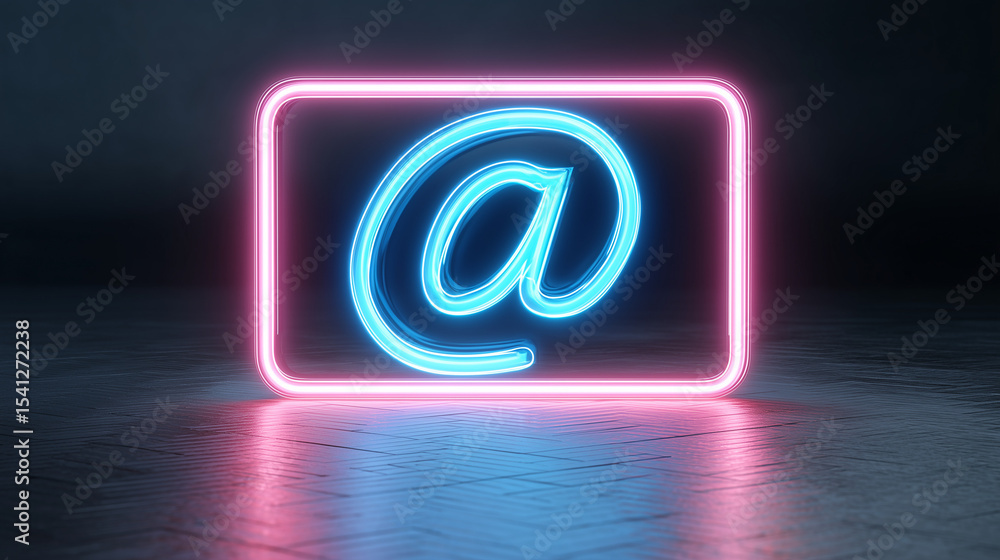 Fototapeta premium Pink and Blue Email Technology Concept with @ symbol as a neon light. Vibrant colored icon, on a black background with high tech floor. 3D Render 