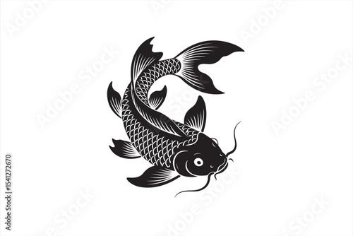 Detailed koi carp vector with bold curved motion and traditional scales in black ink Japanese tattoo art style