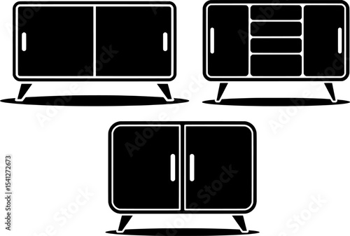 black and white silhouette of retro sideboard cabinet with sliding doors, sleek furniture mascot design, perfect for home and vintage decor