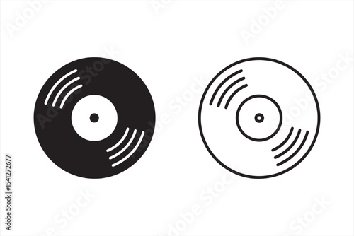 Black and white vinyl record disc vector icon pair with minimalist design and stylized groove lines