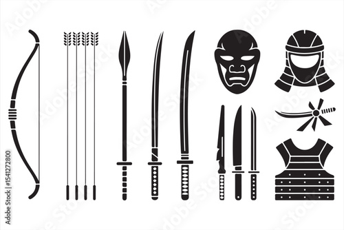 Black vector icons of traditional Japanese samurai weapons and armor including katana, yumi, mask, and chestplate