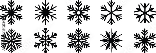 Snowflake Icons Set in Black Silhouettes for Seasonal and Holiday Decorations