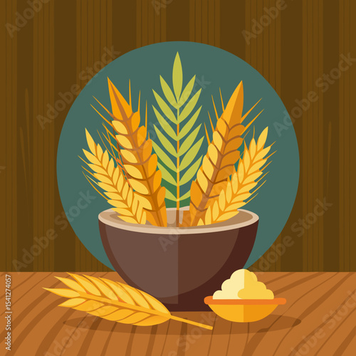a bowl of wheat grains, whole wheat grains, golden wheat sheaf, rustic wooden background, natural lighting, detailed, cinematic, award winnin