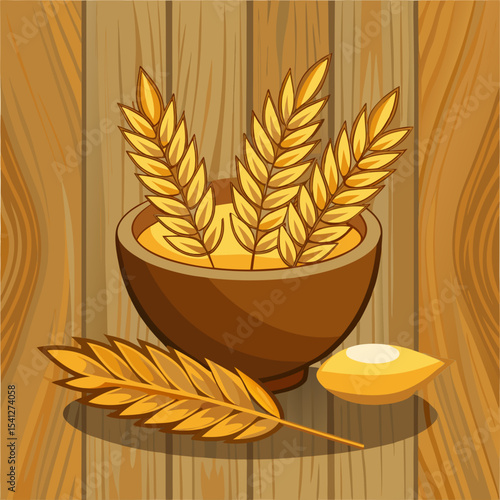 a bowl of wheat grains, whole wheat grains, golden wheat sheaf, rustic wooden background, natural lighting, detailed, cinematic, award winnin