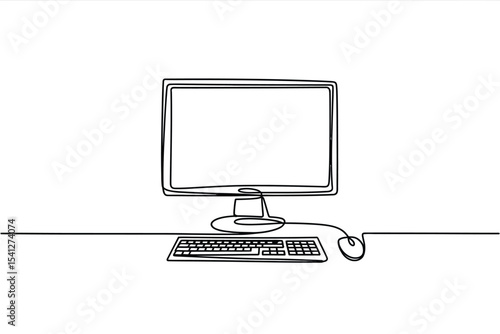 Single line drawing of computer desktop setup