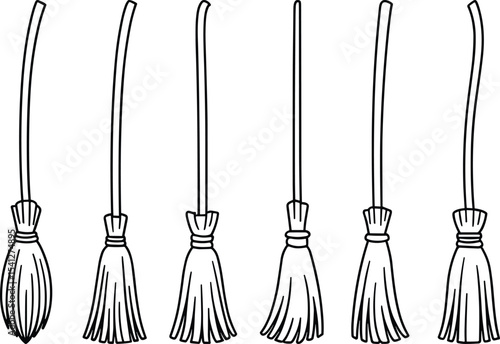 Set of Hand Drawn Broomstick Line Art – Traditional Cleaning Tools Vector Illustration