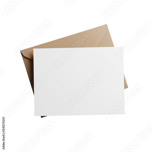 Blank white card partially covered by a light brown kraft paper envelope isolated on a transparent background