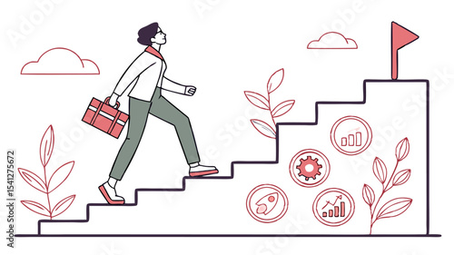 Person climbing stairs towards a flag with icons of growth, rocket, gear and briefcase in hand illustration