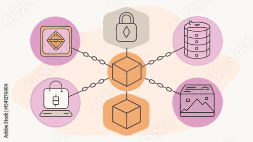 Illustration of a blockchain network connecting diverse data points and security measures together online